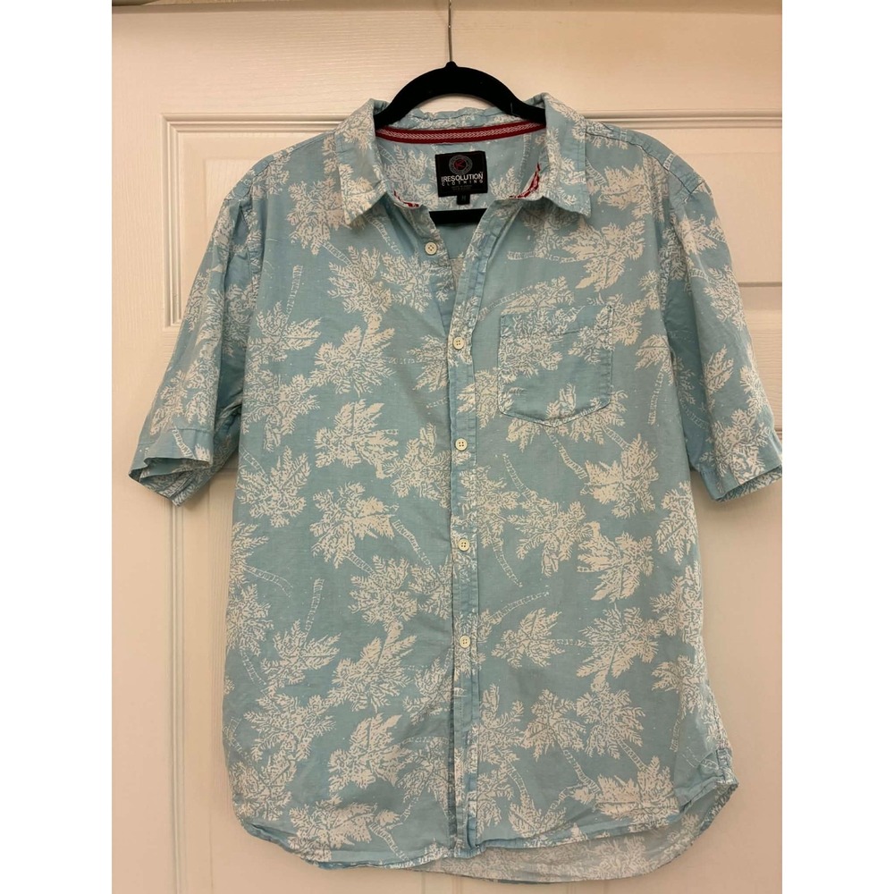 Resolution Clothing Mens Medium Blue Palm Tree‎ Tropical Button Up Shirt